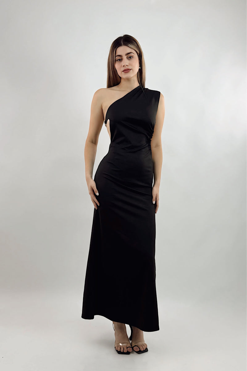 Vestido Midi One Shoulder Negro