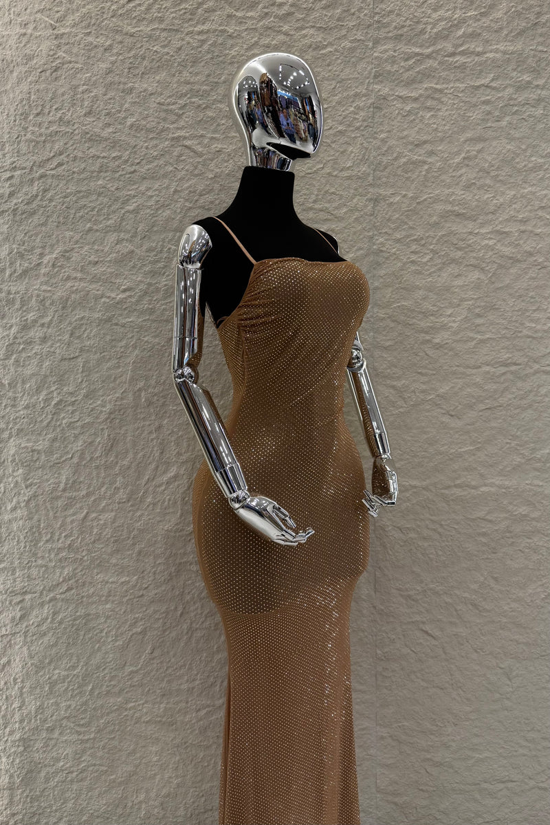 Vestido Rhinestone Escote Corrugado Camel