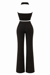 Set Croptop Halter y Pantalón Con Destello Dorado Y Plata
