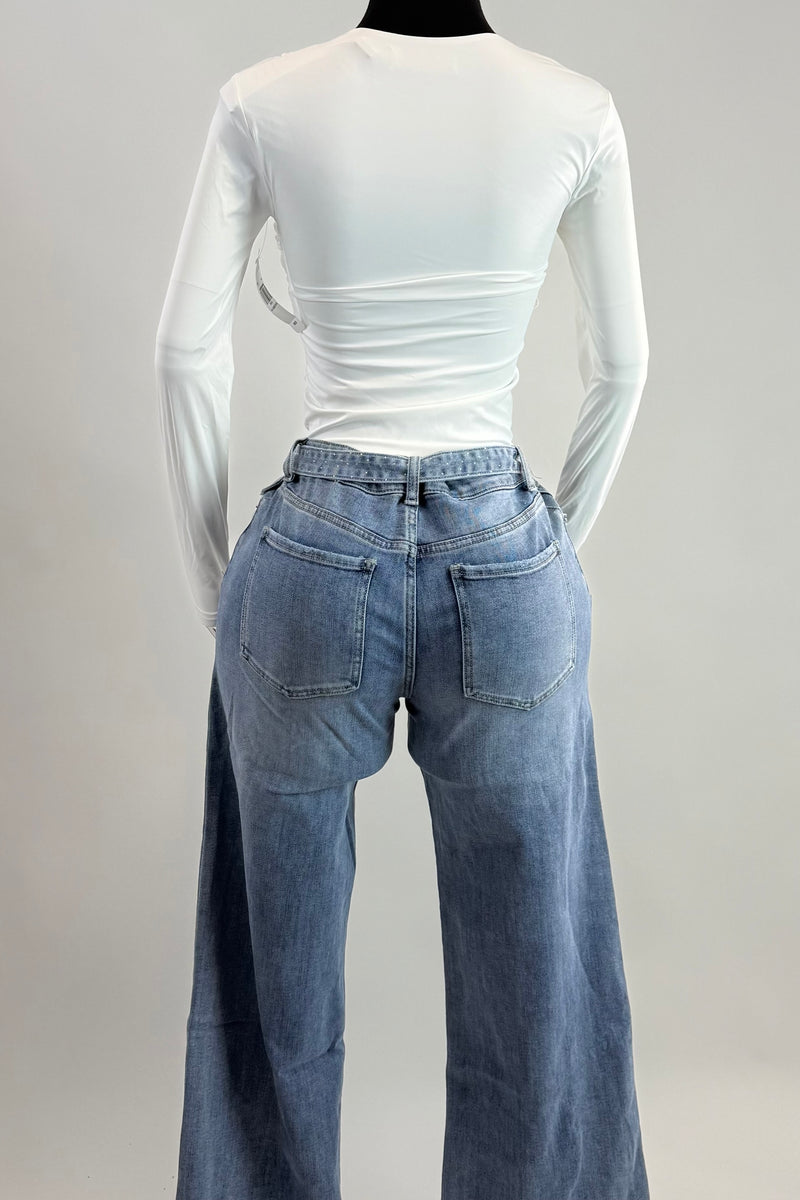 Pantalon con Cinto Rhinestone Denim