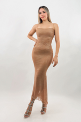 Vestido Rhinestone Escote Corrugado Camel