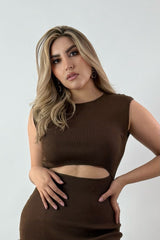 Vestido Corto Abertura Abdomen Cafe