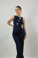 Set Top Apps Doradas y Pantalon Sastre Azul