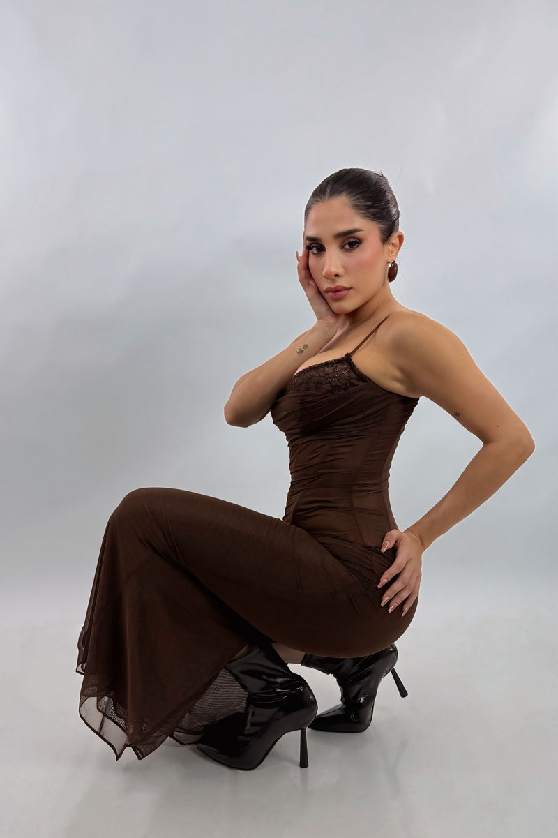 Vestido Corset Mesh Cafe