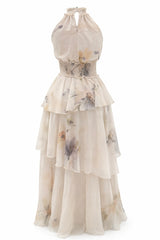 Vestido Largo Floreado Beige