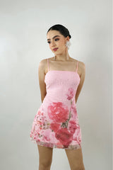 Vestido Perlitas Corto Print Flores Rosa