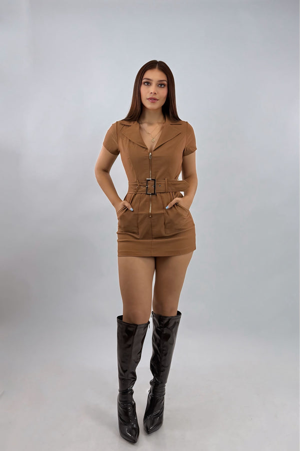 Vestido Manga Corta App de Cinto Camel