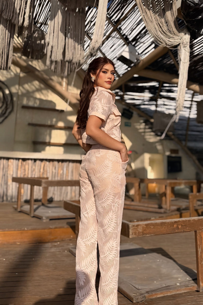 Set Top y Pantalon Ecaje de Hojas Rosa