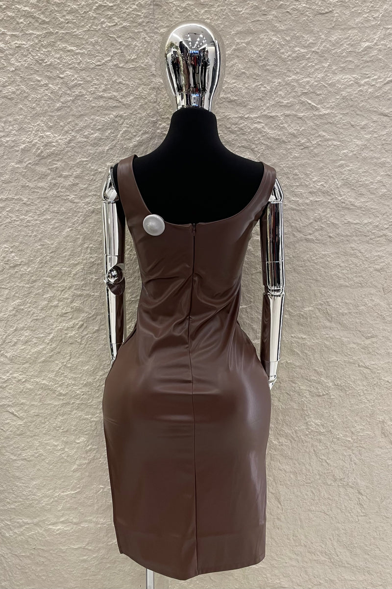 Vestido Midi Vinipiel con Encaje Cafe