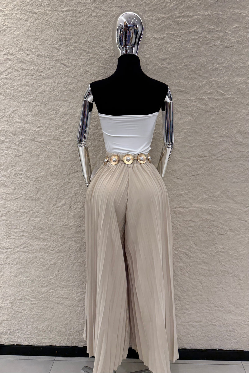 Pantalon Plisado Cinto Beige