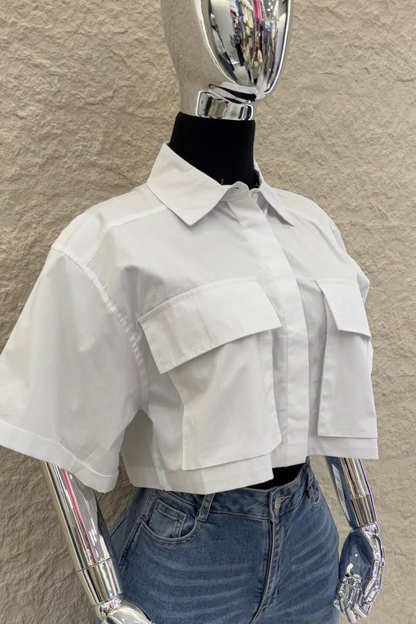 Camisa Corta App de Bolsas Blanca