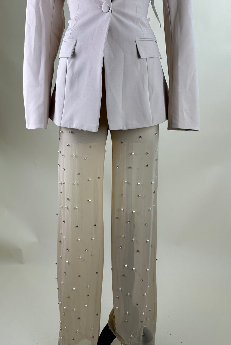 Set de Blazer Con Pantalon Transparente Beige