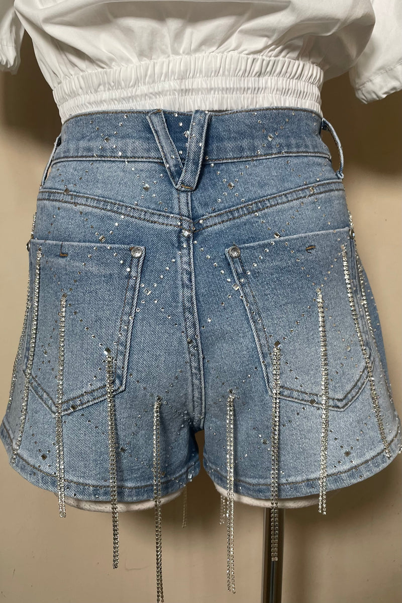 Short Denim con Tiras de Pedreria