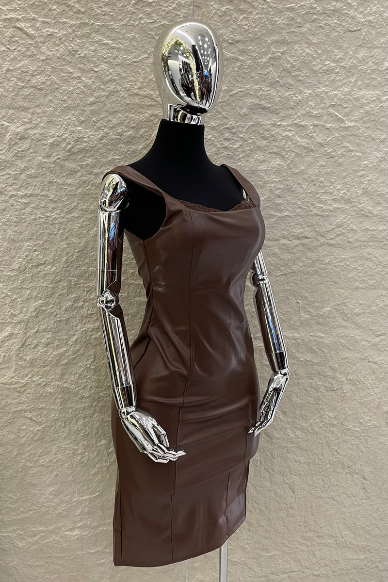 Vestido Midi Vinipiel con Encaje Cafe