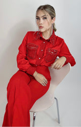 Camisa Satinada Con Pedreria Rojo lo