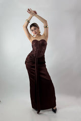 Vestido Brillos Corset largo Cafe