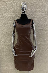 Vestido Midi Vinipiel con Encaje Cafe