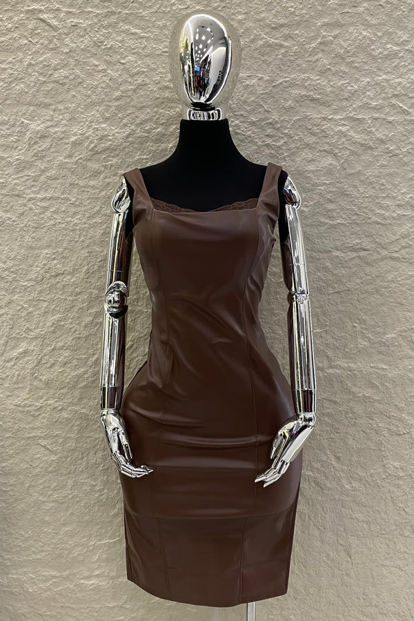 Vestido Midi Vinipiel con Encaje Cafe