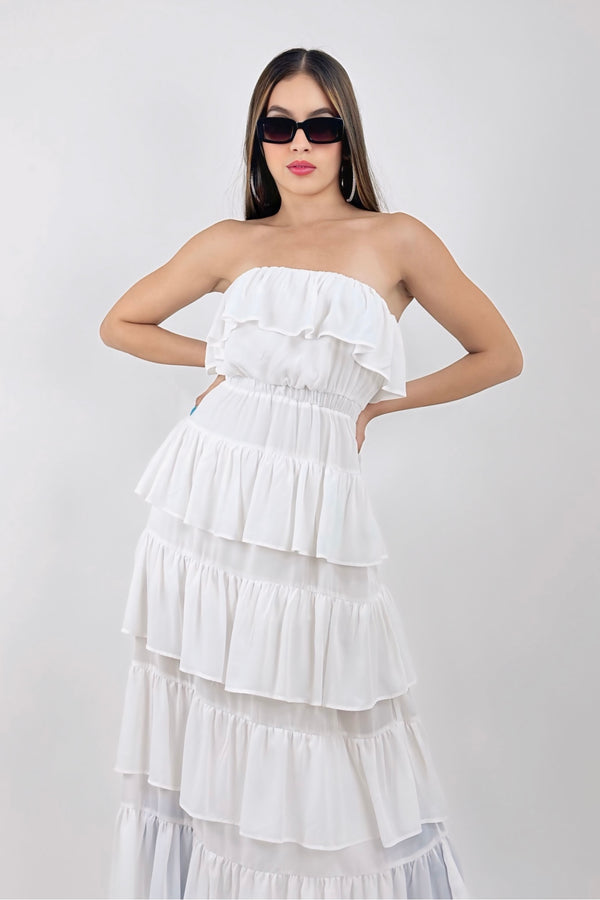 Vestido Con Olanes Midi Blanco