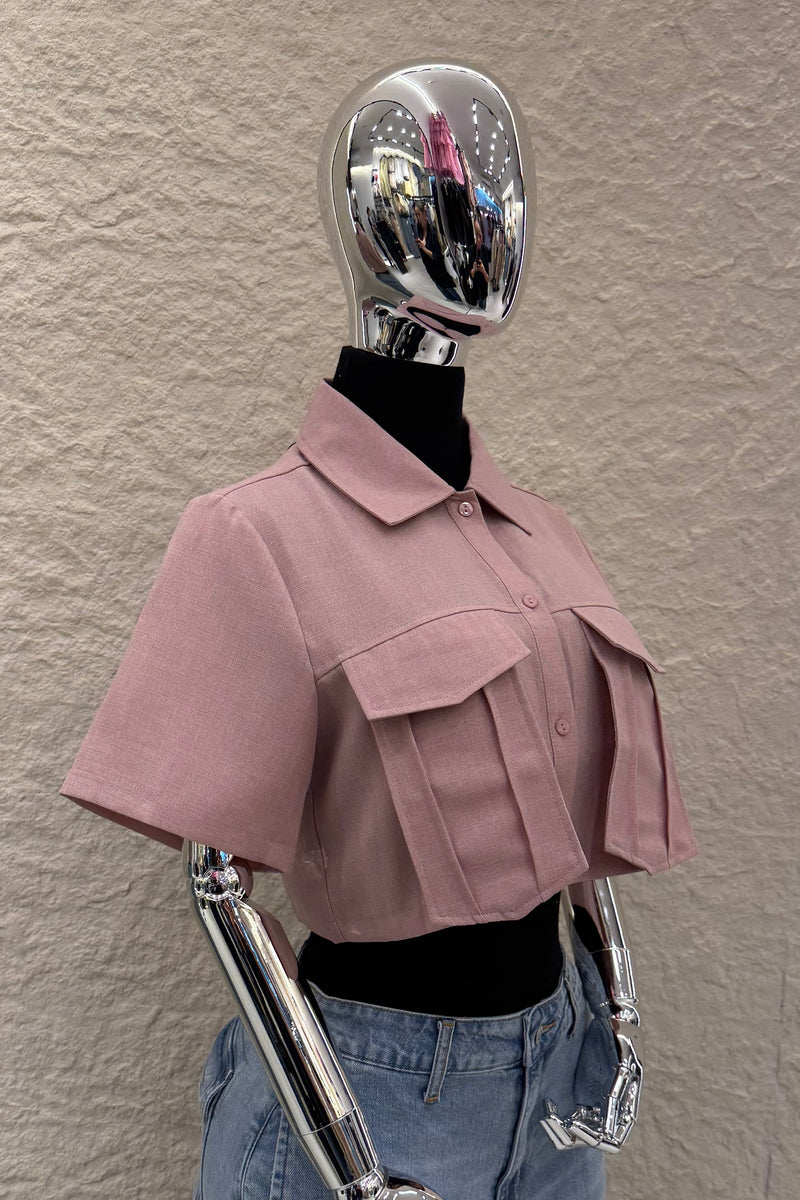 Camisa Manga Corta App de Bolsas Rosa