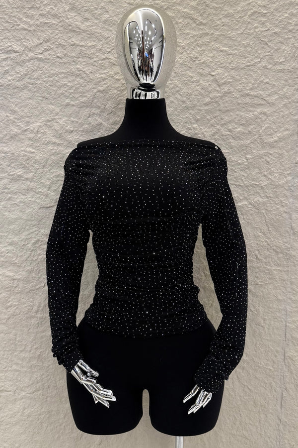 Blusa Rhinestone Ruched Negra