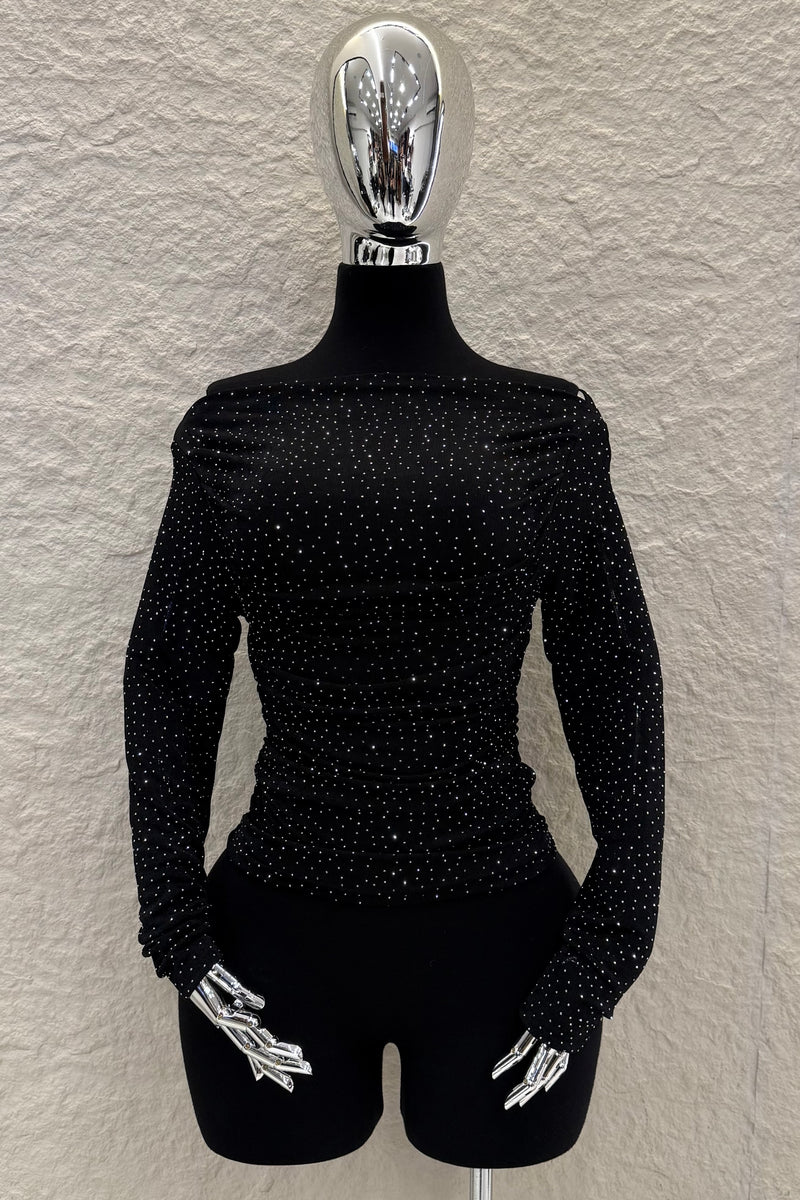 Blusa Rhinestone Ruched Negra