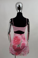 Vestido Perlitas Corto Print Flores Rosa