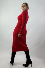 Vestido Midi Manga Larga Tela Punto Rojo