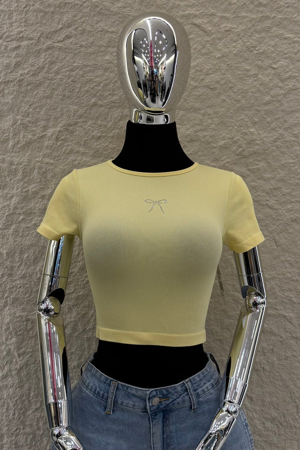Crop Top App de Moño Rhinestone Amarillo