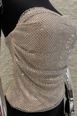 Crop Top Rhinestone Beige