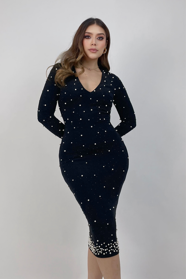 Vestido Midi Con app de Perlas Negro