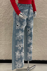 Pantalon Estampado de Flores Denim
