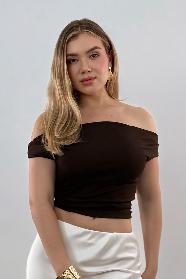 Top Off Shoulder Ruched Cafe