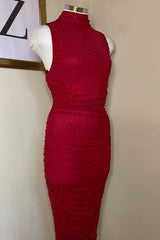 Vestido Midi Ruched Rhinestone Rojo