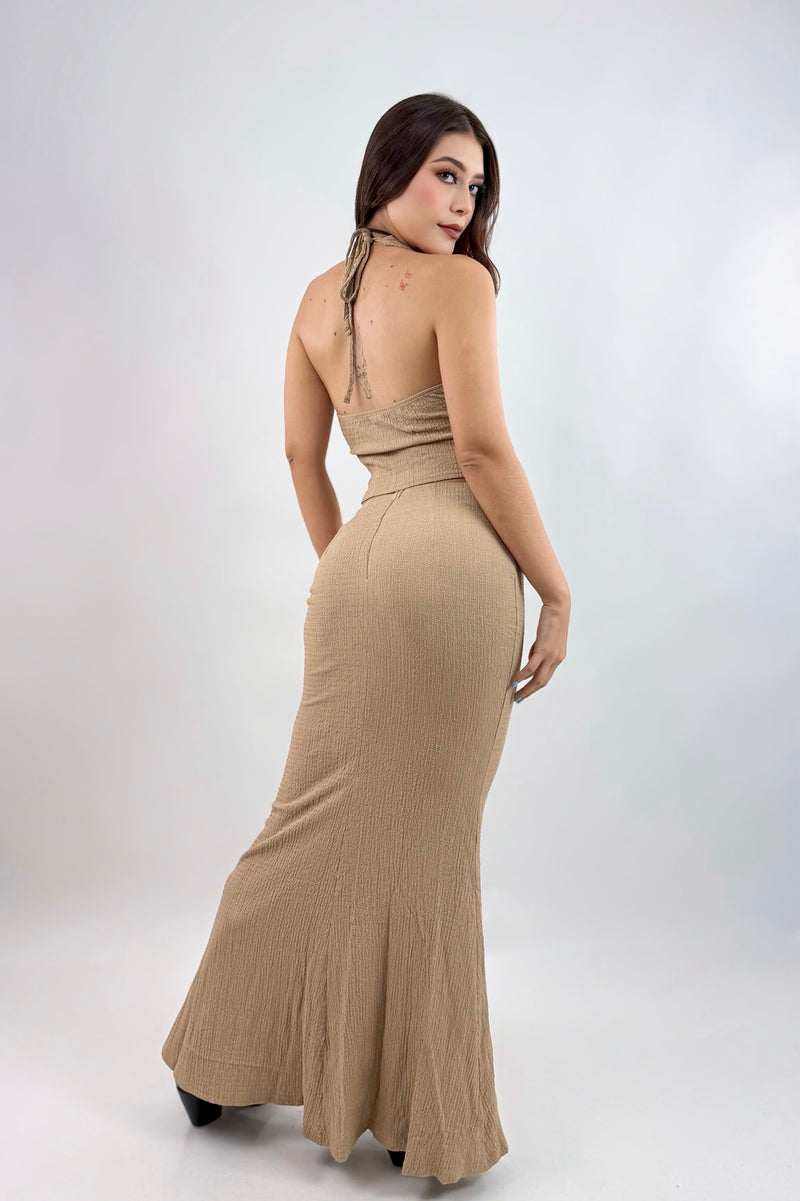Set Top y Maxi Falda Texturizado Khaki