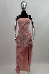 Vestido Largo Olanes Floreado Rosa