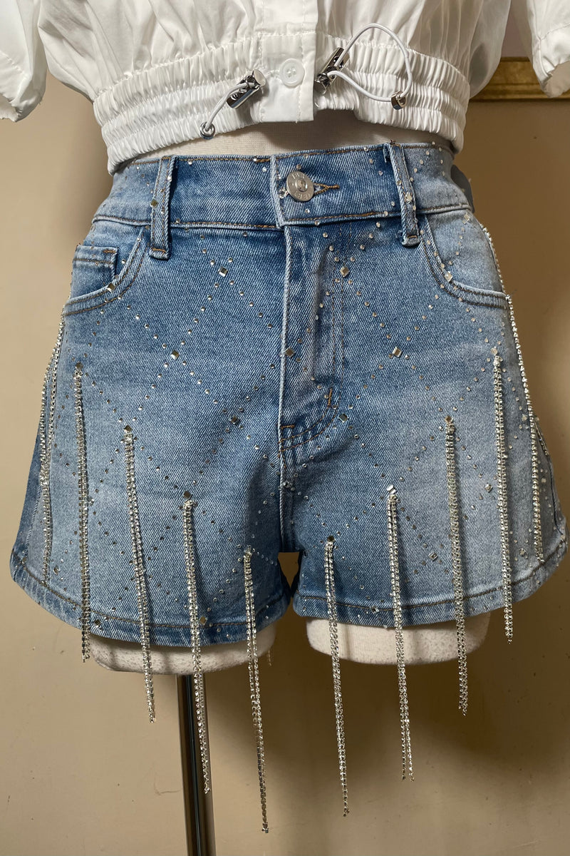 Short Denim con Tiras de Pedreria