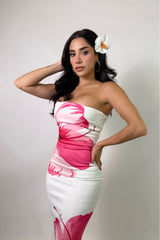 Vestido Midi Strapless Floreado Rosa