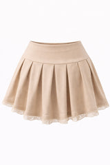 Falda Corta Plisada con Encaje Beige