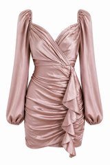 Vestido Corto Corrgado Satinado Rosa