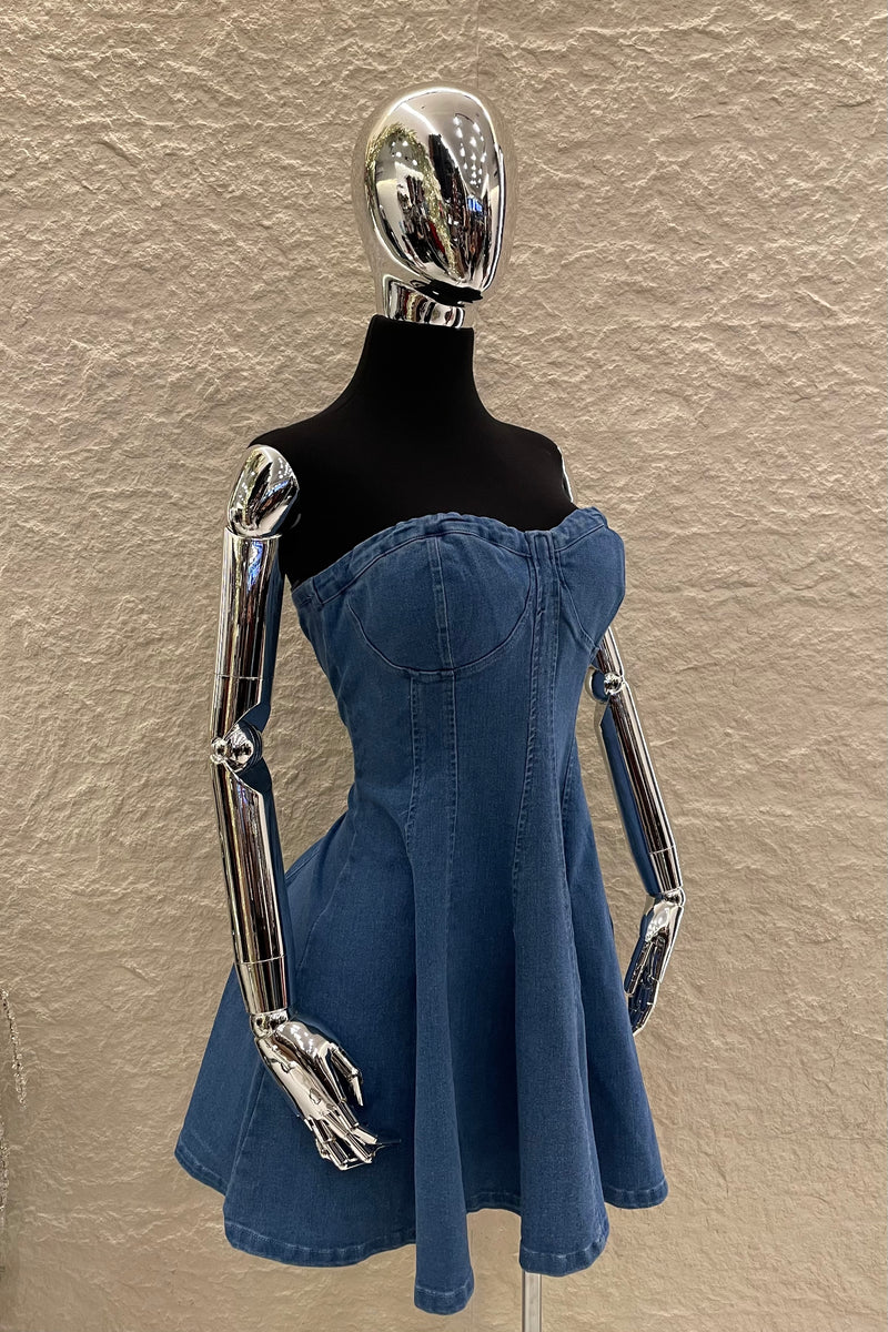 Vestido Strapless Volado Denim