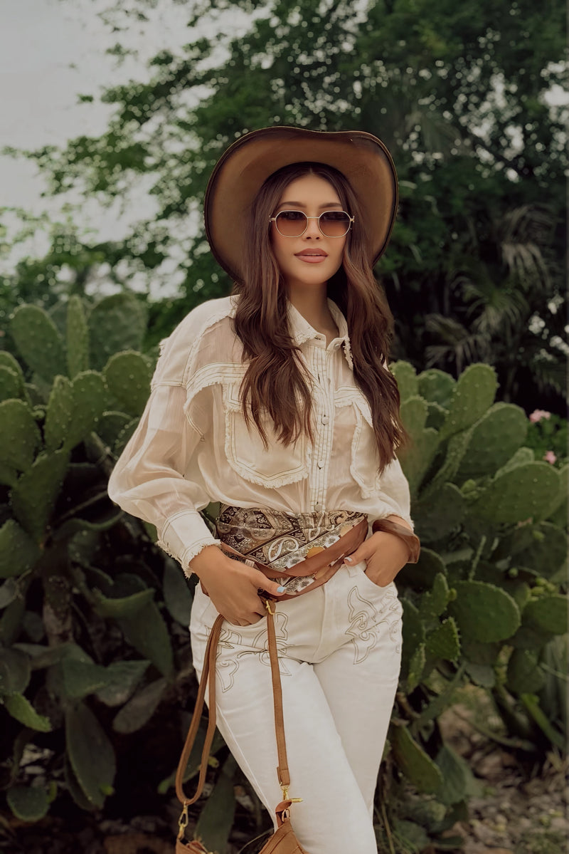 Camisa Manga Larga Transparente Beige