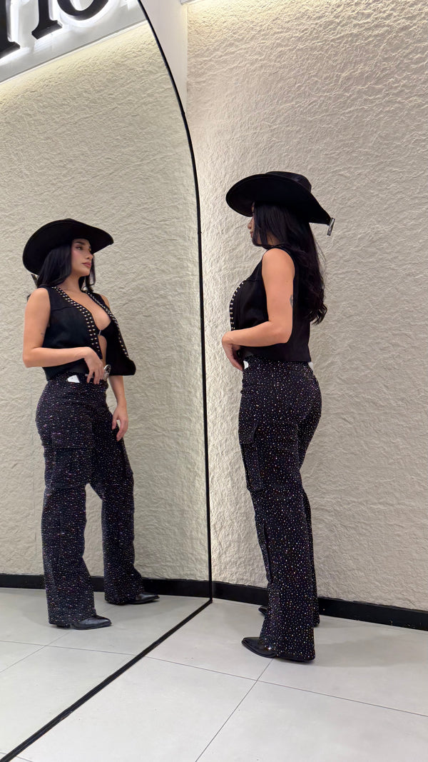 Pantalon Cargo Rhinestone Negro