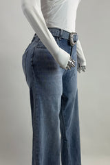 Pantalon con Cinto Rhinestone Denim