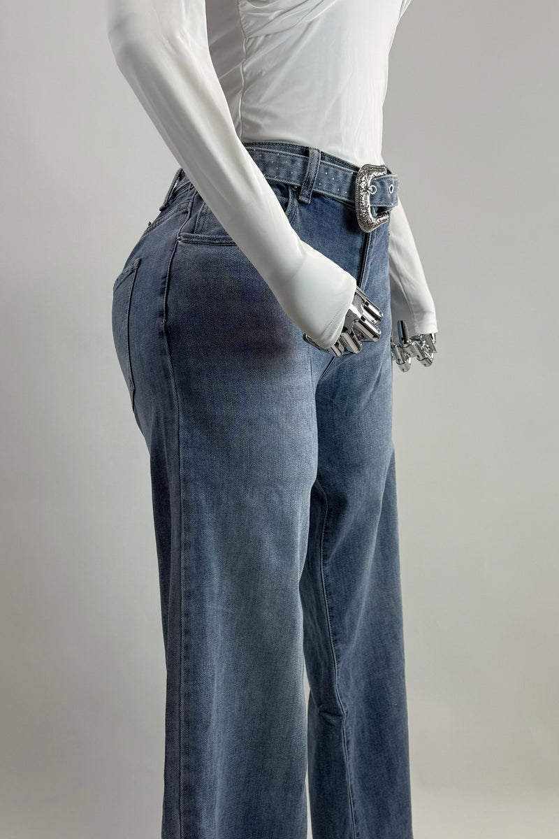 Pantalon con Cinto Rhinestone Denim