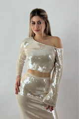 Top One Shoulder Lentejuela Beige