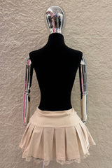 Falda Corta Plisada con Encaje Beige