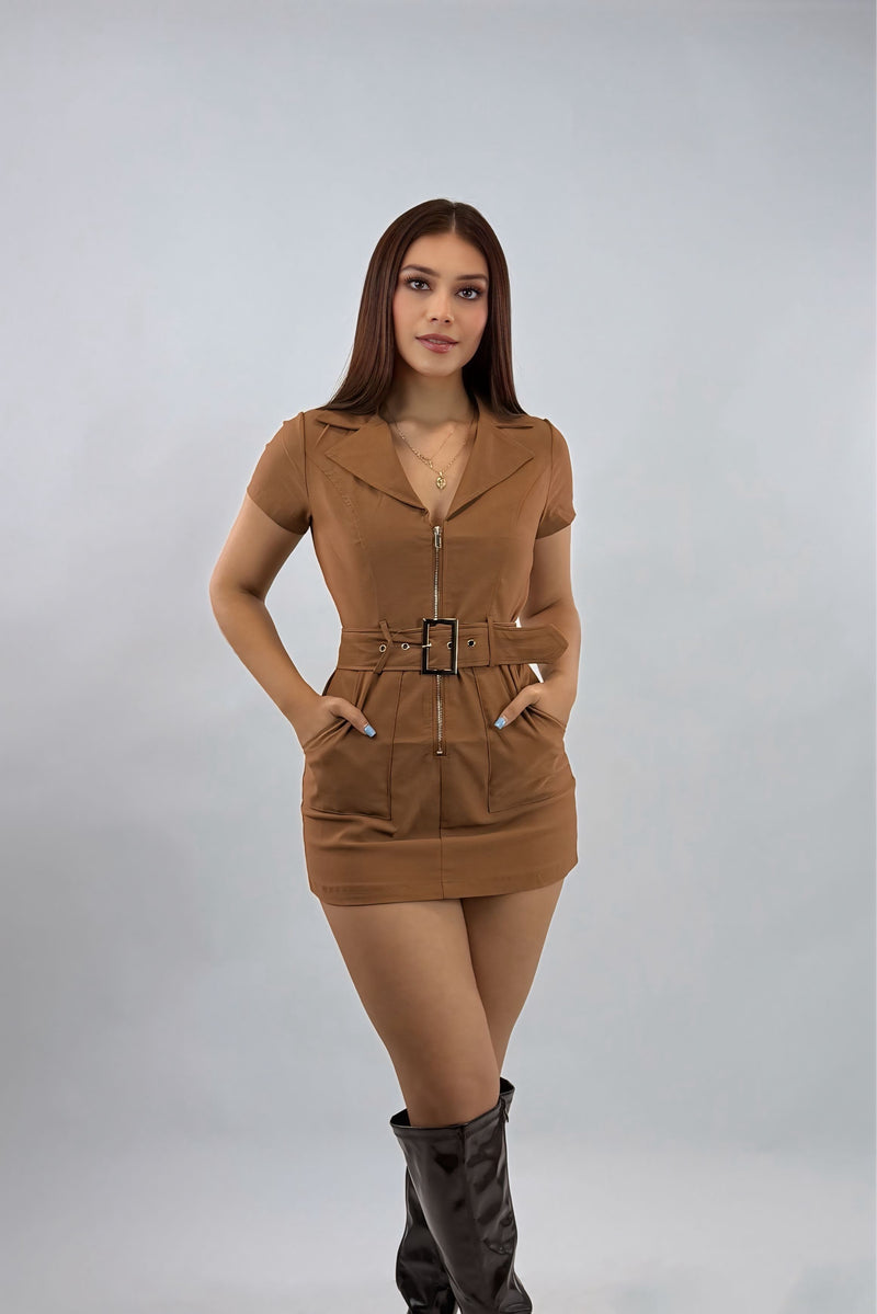 Vestido Manga Corta App de Cinto Camel