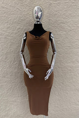 Vestido Midi Escote Abullonado Cafe