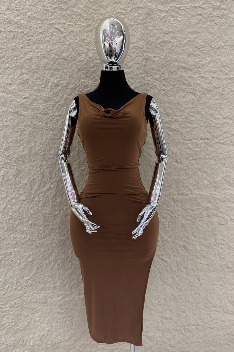 Vestido Midi Escote Abullonado Cafe